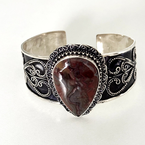 Vintage 925 Sterling Silver Huge Agate Filigree Scroll Wide Chunky Cuff Bracelet - Picture 3 of 15